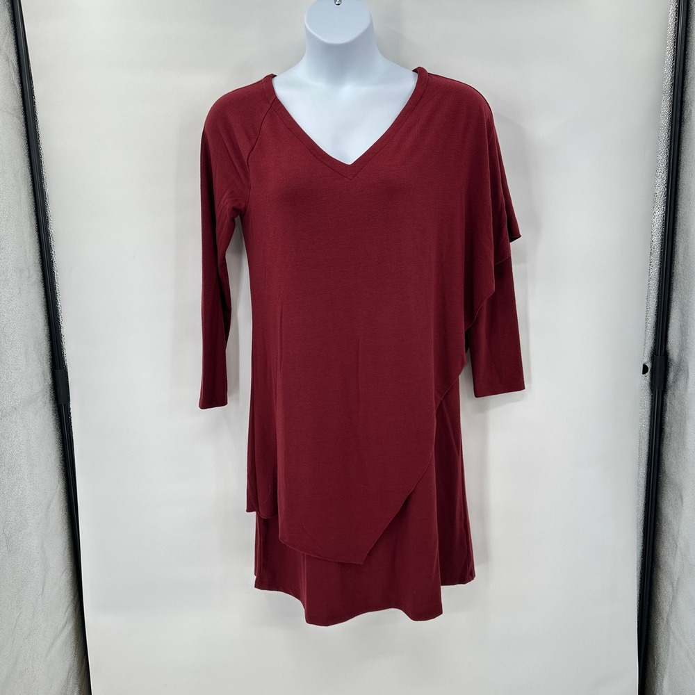 Boho Soft Surroundings Tunic Dress M Burgundy V-Neck Asymmetrical Layered Knit
